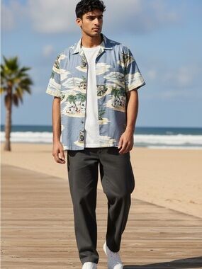 Big Dogs Cream and Light Blue Hawaiian Shirt with Palm & Surfboard Motif